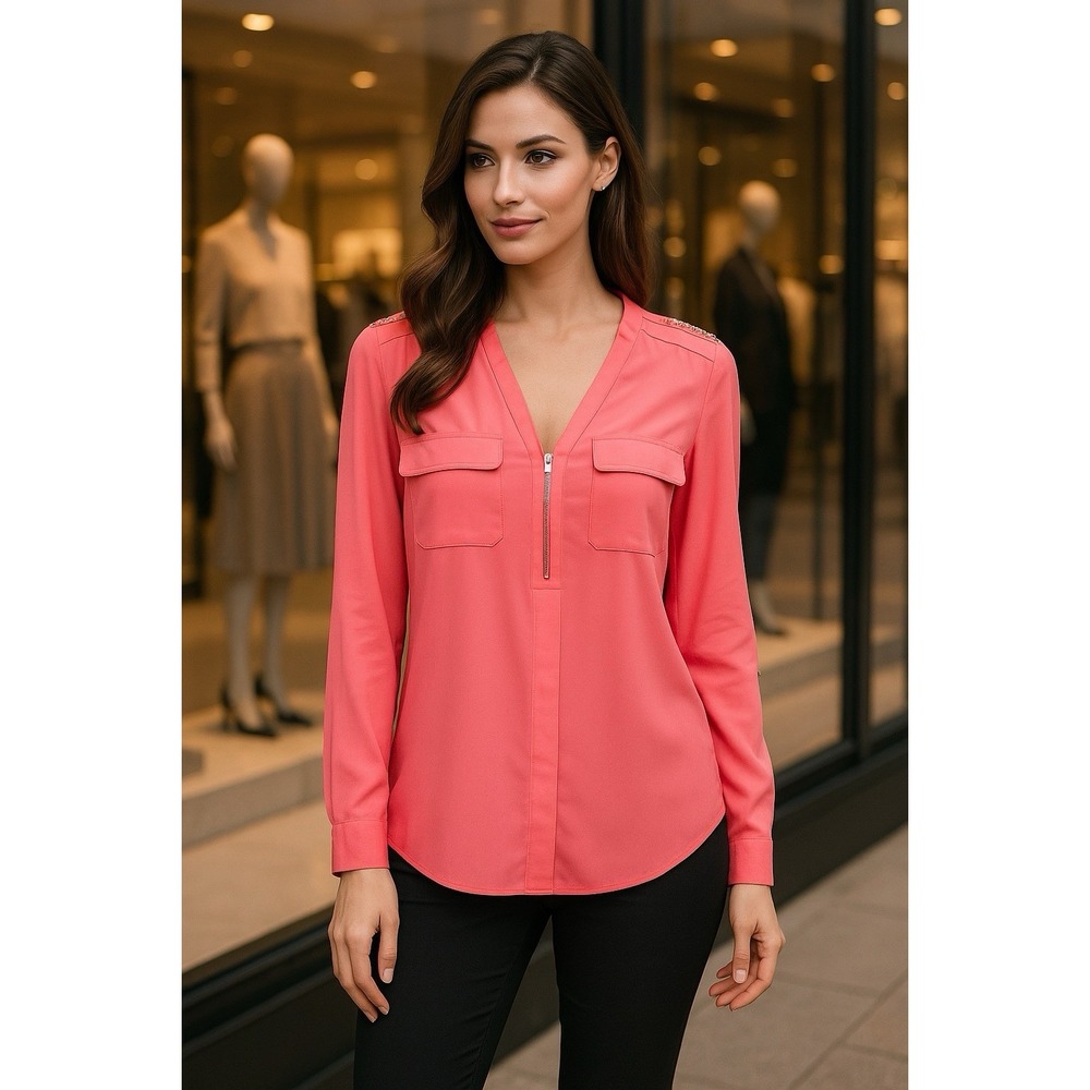 Candie's Women M Medium Pink Pullover Dress Top Quarter Zip Lace Back Tab Sleeve